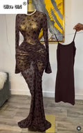 Women Long Sleeve Stacked Mesh See Though with Lining Bodycon Long Dress 2025 Autumn Evening Birthday Sexy Party Dresses