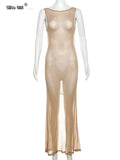 See Through Dress Female 2024Summer Thin Sleeveless Glitter Splits Coquette Backless Clubwear Beach Sexy Vestidos