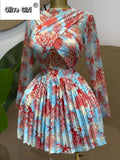 Women Leaf Print Long Sleeve O-neck Wrap Front Pleated Dress 2026 Elegant Romantic Vacation Party Birthday Dresses