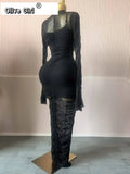 Women Flare Long Sleeve Stacked Ruched Mesh See Though with Tank Dress Maxi Long Dress 2025 Birthday Sexy Party Dresses