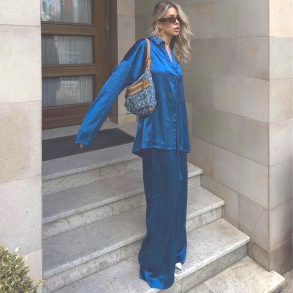 Solid Loose Two Piece Set for Women Lapel Long Sleeve Top High Waist Pant Minimalsit Sets Female Fashoin New