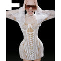 Custom White Lace Sheer High Neck Flare Long Sleeve Corset Mini Dress Fashion Bodycon Formal Evening Party Gown