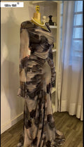 Women Tie Dye Printed Skew Neck Flare Long Sleeve Ruched Stacked Maxi Long Dress  Summer Birthday Sexy Party Dresses