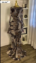 Women Tie Dye Printed Skew Neck Flare Long Sleeve Ruched Stacked Maxi Long Dress  Summer Birthday Sexy Party Dresses