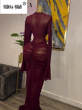 Women Flare Long Sleeve Stacked Dot Mesh See Though with Lining Maxi Long Dress 2025 Evening Birthday Sexy Party Dresses