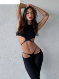 Hollow Straps 2 Piece Sets Woman Summer Sexy Solid Halter Backless Tops+Sequined Flared Pants Party Skinny Outfits