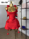 Women Floral Applique Sleeveless Strap Midi A-line Dress Summer Holiday Birthday Sexy Club Party Evening Dresses