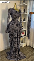 Women Tie Dye Printed Skew Neck Flare Long Sleeve Ruched Stacked Maxi Long Dress  Summer Birthday Sexy Party Dresses