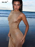 See Through Dress Female 2024Summer Thin Sleeveless Glitter Splits Coquette Backless Clubwear Beach Sexy Vestidos