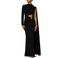 Cowl Neck Maxi Evening Dress for Women One Long Sleeve Cutout Waist Backless Cape Sleeve for Formal Party Bodycon Solid Gown
