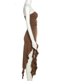 Elegant Strapless Dress Women Irregular Tassel 2023 Summer Trend Skinny Split Maxi Bodycon Birthday Party Clubwear