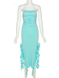 Elegant Strapless Dress Women Irregular Tassel 2023 Summer Trend Skinny Split Maxi Bodycon Birthday Party Clubwear