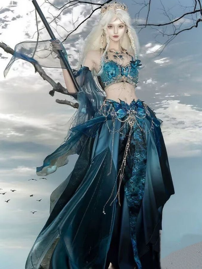 Exotic Hanfu Set Women's Fish Princess Dress Set Blue Butterfly Embroidered Fairy Costume