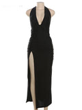 Halter Backless Dress Women Summer Trend Elegant Side Split Deep V-Neck Long Bodycon Midnight Party Ruched Vestidos