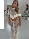 Silver Sequin Fringe 2 Piece Outfit Chic High‑neck Crop Top Mini Skirt Set 2026 Summer Beach Nightclub Party Women Matching Suit