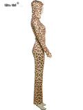 Leopard Letter Print 2 Piece Set Women Tracksuit Sporty Casual Hooded Crop Jacket+Flare Pants Stretch Matching Suits