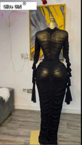 Women Flare Long Sleeve Stacked Ruched Mesh See Though with Tank Dress Maxi Long Dress 2025 Birthday Sexy Party Dresses