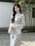 Improved Trumpet Sleeve Cheongsam Women's Autumn New Style Chinese Style Retro Standing Collar Buckle Cinched Waist Purple Dress