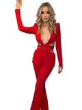 Red Sexy V-neck Long Sleeve Jacket+High Waist Flare Pants Blazer Set Women'S 2026 New Hollow Out Designer Two-Piece Set