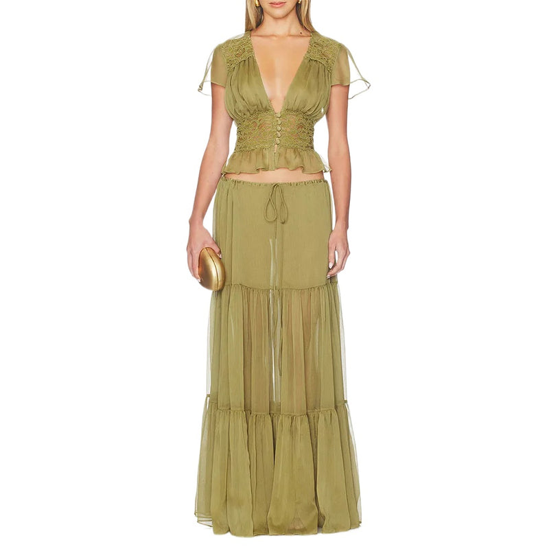 Romantic Boho Two Piece for Women V Neck Lace Spliced Crop Top Sheer Ruffle Hem Drawstring Waist Outfit for Vacation Beach