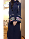 2026 Improved Inverted Big Sleeve Cheongsam Dress with Hidden Blue Autumn and Winter New Thickened Warm Dress, High End
