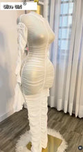 Women Flare Long Sleeve Stacked Ruched Mesh See Though with Tank Dress Maxi Long Dress 2025 Birthday Sexy Party Dresses