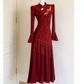 Red Dress Engagement Cheongsam Qipao Improved High-end Horn Sleeve Embroidered Waist National Style Dress