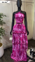 Women Set Tie Dye Print Sleeveless Halter Tops +Long Skirt 2026 Fall Street Sexy Beach Vacation Two Piece Set Outfits