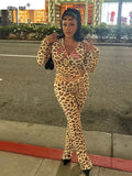Leopard Letter Print 2 Piece Set Women Tracksuit Sporty Casual Hooded Crop Jacket+Flare Pants Stretch Matching Suits