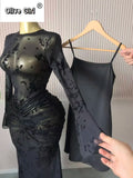Women Long Sleeve Stacked Mesh See Though with Lining Bodycon Long Dress 2025 Autumn Evening Birthday Sexy Party Dresses