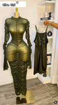 Women Flare Long Sleeve Stacked Ruched Mesh See Though with Tank Dress Maxi Long Dress 2025 Birthday Sexy Party Dresses