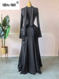 Women Skew Neck Flare Long Sleeve Ruched Stacked Maxi Long Dress Fall Birthday Evening Sexy Party Dresses with Scarf