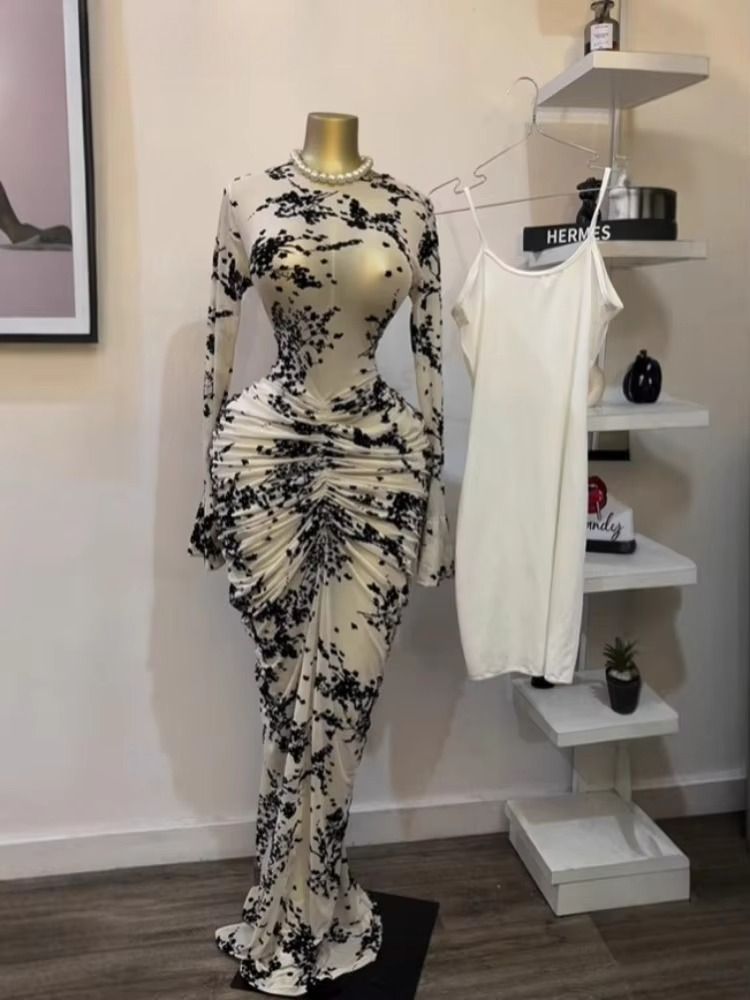 Women Long Sleeve Stacked Mesh with Lining Bodycon Cocktail Long Dress  Autumn Evening Birthday Sexy Party Dresses
