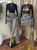 Women Two Piece Pants Set Black Mesh Long Sleeve Top with Black White Geometric Print High Waist Ruched Pants Going Out