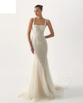 Customized White Mermaid Wedding Dresses Elegant Square Collar Sleeveless Bridal Gowns Zip Back Court Train Wedding Gowns