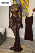 Women Flare Long Sleeve Stacked Dot Mesh See Though with Lining Maxi Long Dress 2025 Evening Birthday Sexy Party Dresses
