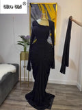 Women Skew Neck Flare Long Sleeve Ruched Stacked Maxi Long Dress Fall Birthday Evening Sexy Party Dresses with Scarf