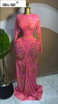 Women Tie Dye Printed Stacked Ruched Long Sleeve Midi Bodycon Maxi Long Dress Birthday Party Education Trendy Dresses