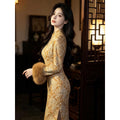Improved Cheongsam Dress with Gold Wire Knitted Water Droplet Thick Style Retro High-end Cheongsam Autumn Long Sleeved Design