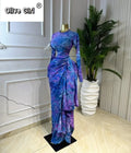 Women Print O-neck Ruched Ribbon Bodycon Long Dress 2026 Spring Street Evening Birthday Club Party Vestidos Sexy Dresses