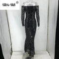 Women Autumn Winter Floor-Length Dress Elegant Long Sleeve Slash Neck Sequin Club Party Dresses Sexy Long Gown Maxi Dress