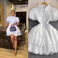 Women Short Sleeve Lace Embroidery A-line Tiered Mini Dress  Sweet Elegant Sexy Evening Night Party Vestidos Dresses
