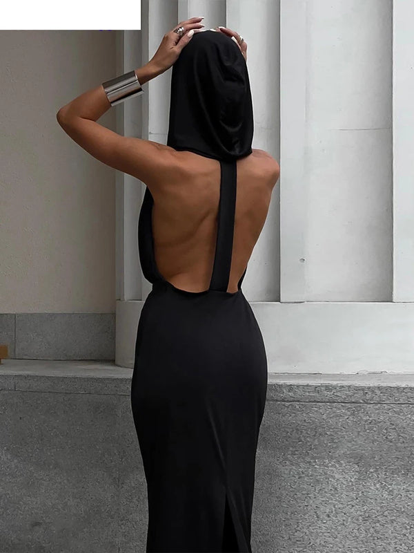 Hooded Backless Dress Women Hipster Elegant Summer Trend Sleeveless Deep V-Neck Maxi Bodycon Streetwear Vestidos