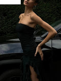 Elegant Strapless Dress Women Irregular Tassel 2023 Summer Trend Skinny Split Maxi Bodycon Birthday Party Clubwear