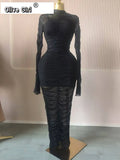 Women Flare Long Sleeve Stacked Ruched Mesh See Though with Tank Dress Maxi Long Dress 2025 Birthday Sexy Party Dresses