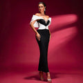 Sexy Women's Dress With Large Shoulders In White And a Cinched Waist With a v-Neck, Long Backless Bandage, And a Long Dress For