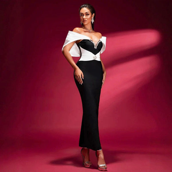 Sexy Women's Dress With Large Shoulders In White And a Cinched Waist With a v-Neck, Long Backless Bandage, And a Long Dress For
