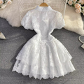 Women Short Sleeve Lace Embroidery A-line Tiered Mini Dress  Sweet Elegant Sexy Evening Night Party Vestidos Dresses