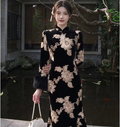 Champagne Slim-fitting Velvet Dress for Women Qipao Winter Cheongsam Temperament Light Luxury Hip-wrapped Skirt