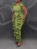Women Ruffles Splicing V-neck Sleeveless Bodycon Midi Pleated Maxi Long Dress  Birthday Sexy Club Party Even Dresses